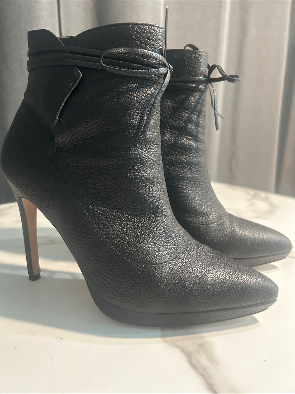 Reiss Black Leather Pointed Ankle Boots with Ankle Tie stilettos size 8.5/9